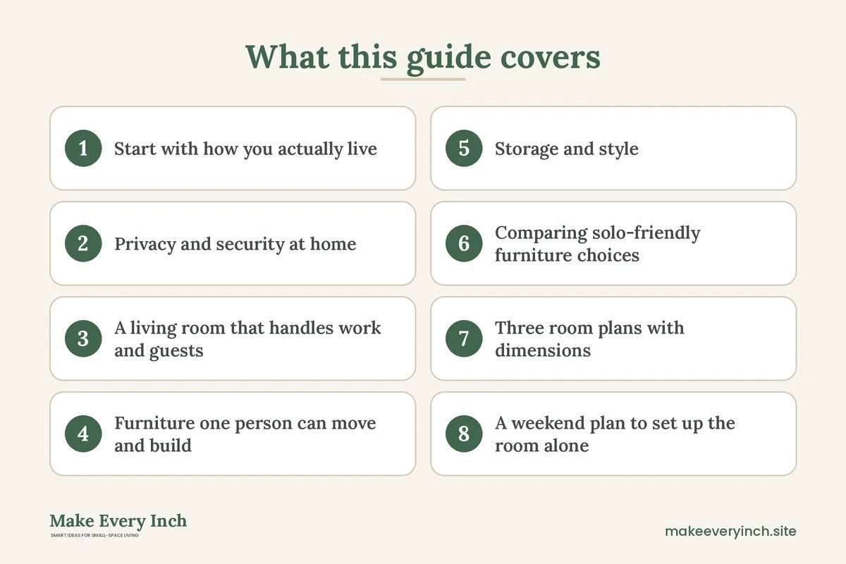 Graphic listing 8 topics covered in: 19 Small Apartment Living Room Ideas for Women Living Solo