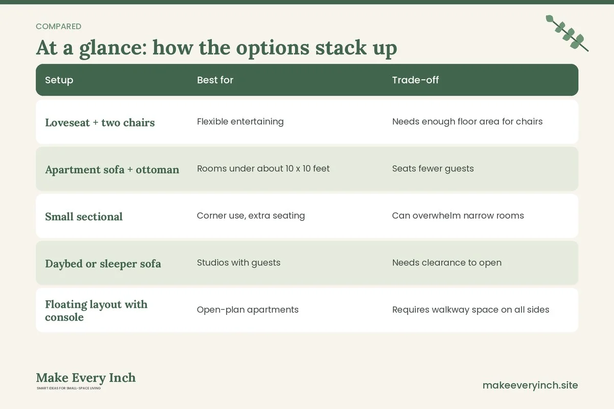 Comparison table of options for: Small Apartment Living Room Ideas (Setup, Best for, Trade-off)