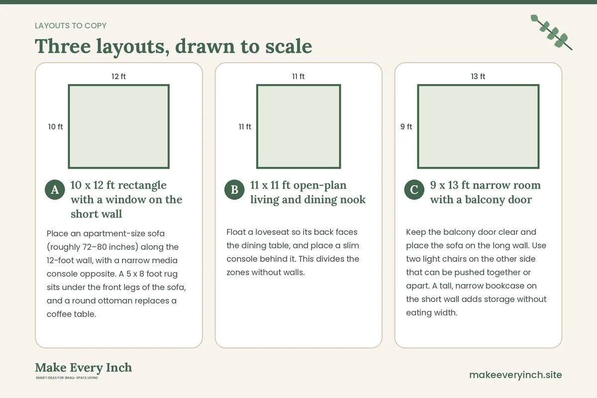 Three room layouts drawn to scale with dimensions and placement notes for: Small Apartment Living Room Ideas