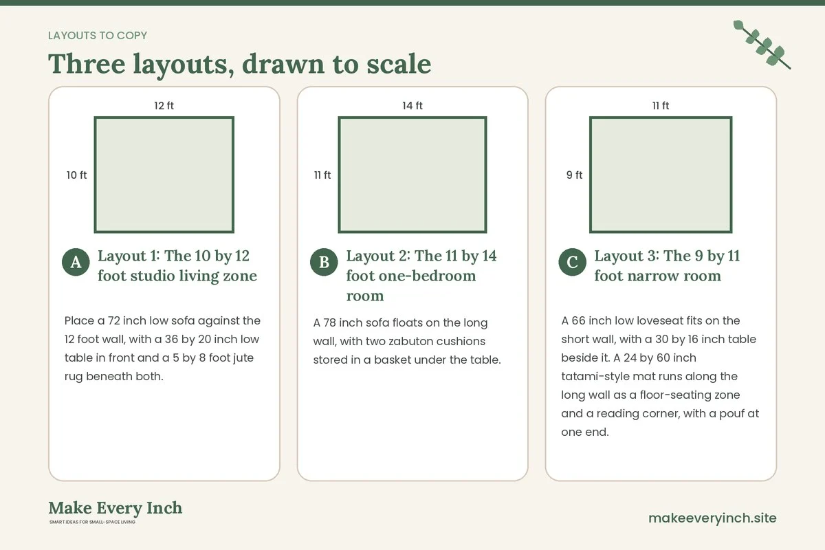 Three room layouts drawn to scale with dimensions and placement notes for: 19 Small Apartment Living Room Ideas Japandi Style Inspires