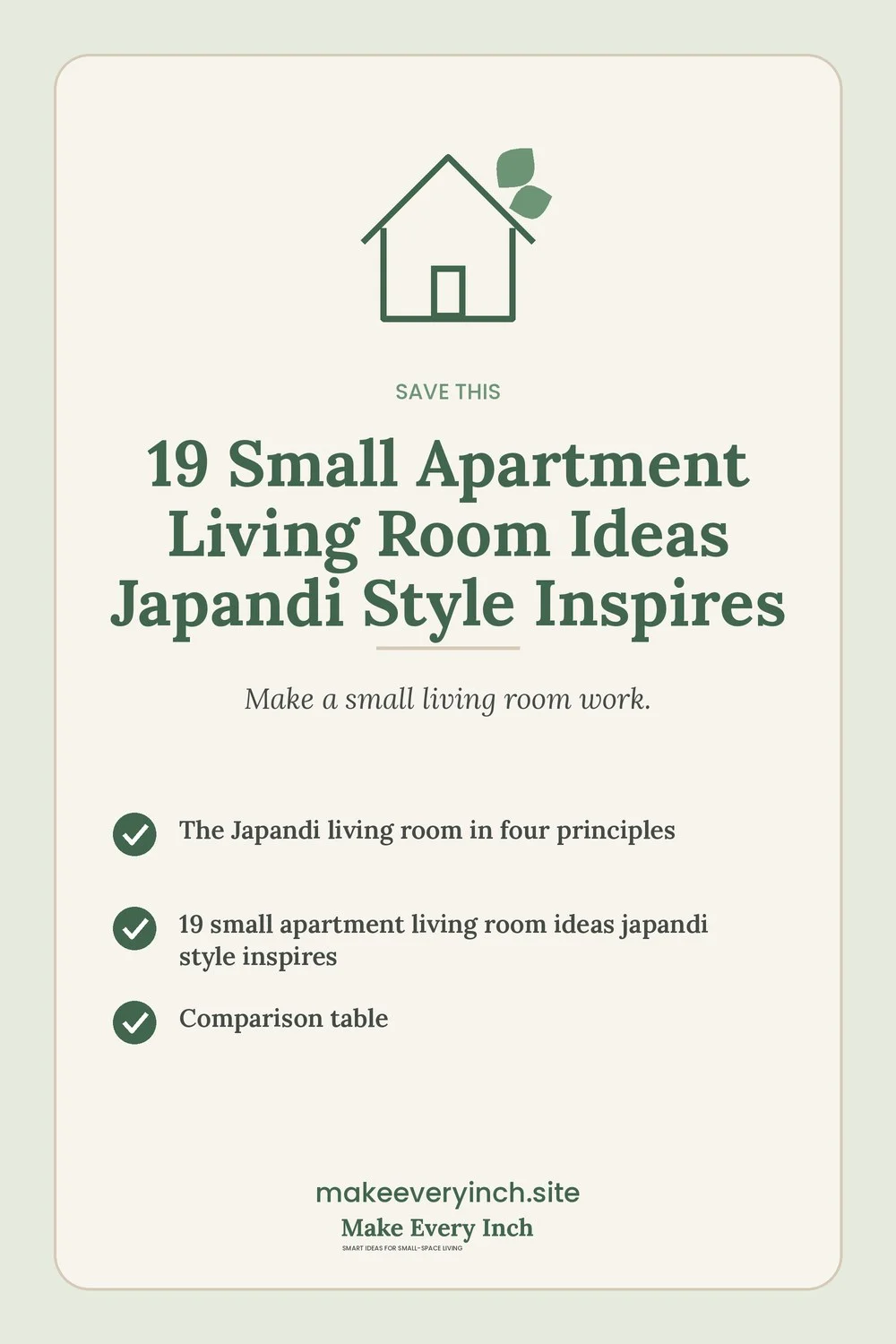 Save-this Pinterest pin with a short checklist for: 19 Small Apartment Living Room Ideas Japandi Style Inspires