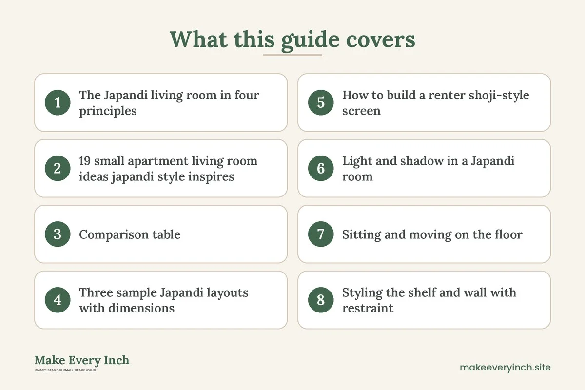 Graphic listing 8 topics covered in: 19 Small Apartment Living Room Ideas Japandi Style Inspires