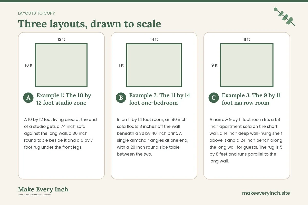 Three room layouts drawn to scale with dimensions and placement notes for: 19 Small Apartment Living Room Ideas Minimalist Style Makes Easy