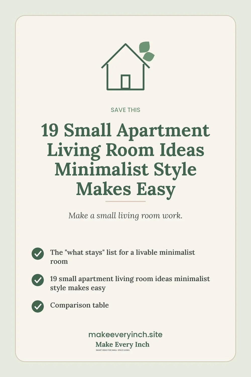 Save-this Pinterest pin with a short checklist for: 19 Small Apartment Living Room Ideas Minimalist Style Makes Easy