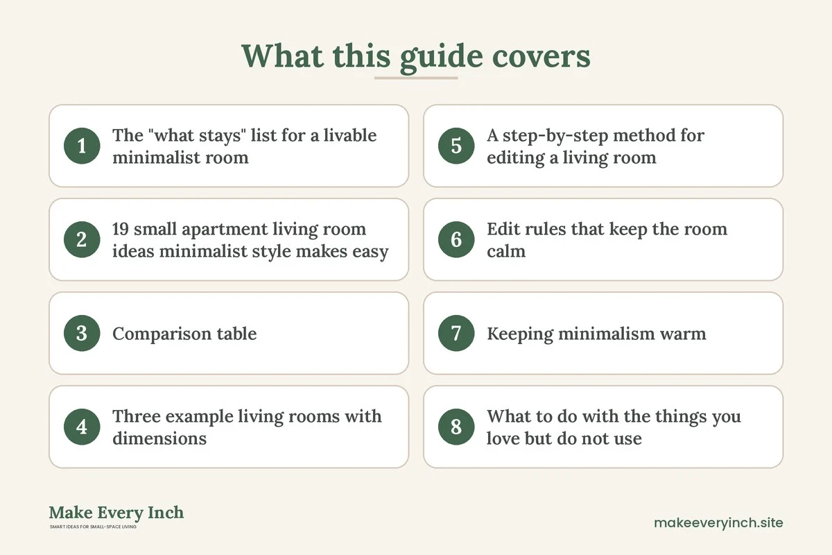 Graphic listing 8 topics covered in: 19 Small Apartment Living Room Ideas Minimalist Style Makes Easy