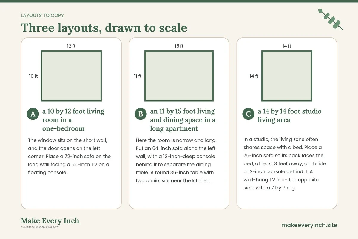 Three room layouts drawn to scale with dimensions and placement notes for: 19 Small Apartment Living Room Ideas Modern Style Can Pull Off