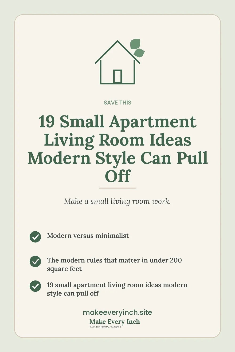 Save-this Pinterest pin with a short checklist for: 19 Small Apartment Living Room Ideas Modern Style Can Pull Off