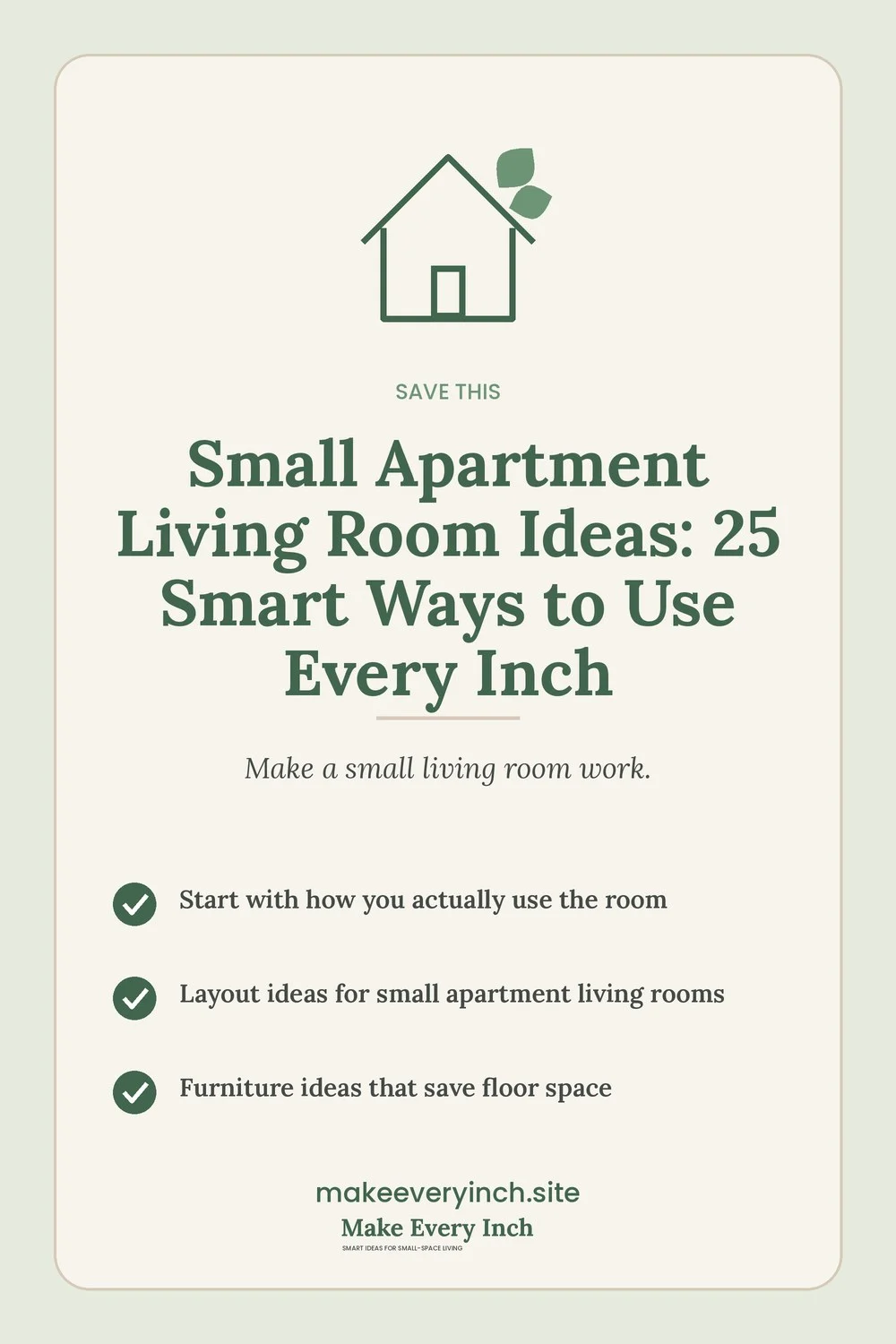 Save-this Pinterest pin with a short checklist for: Small Apartment Living Room Ideas