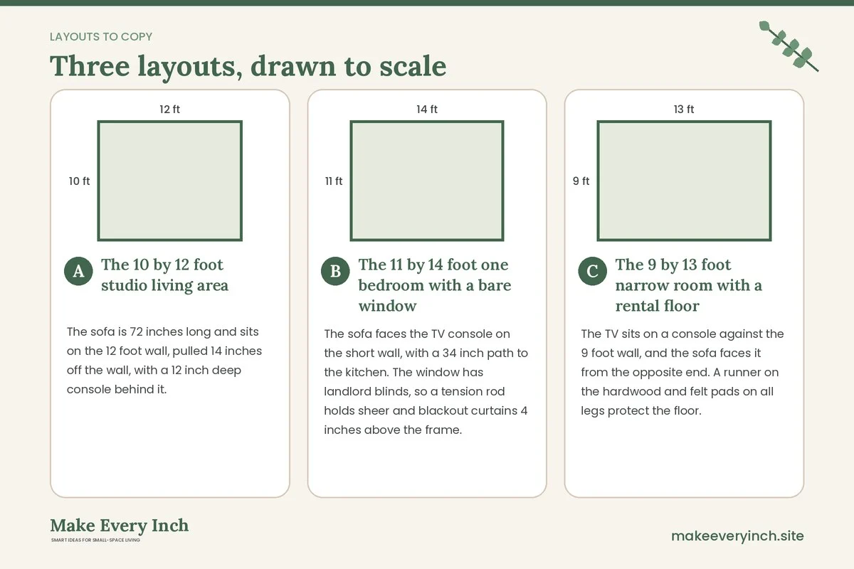 Three room layouts drawn to scale with dimensions and placement notes for: 19 Renter-Friendly Small Apartment Living Room Ideas