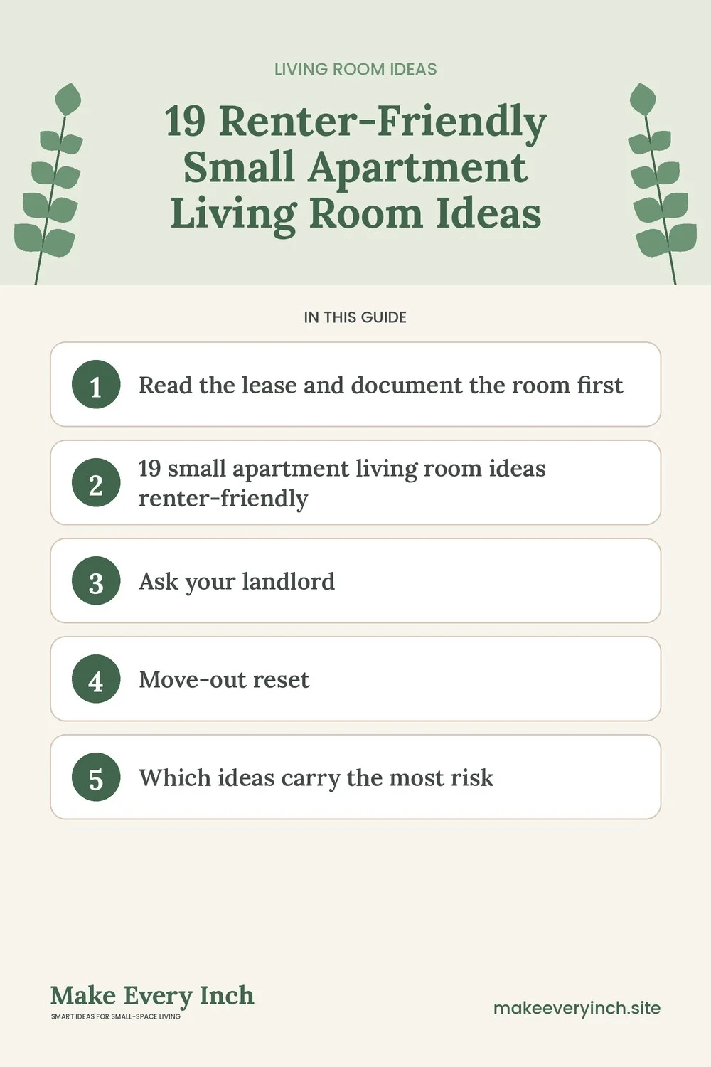 Pinterest pin listing the main topics in: 19 Renter-Friendly Small Apartment Living Room Ideas