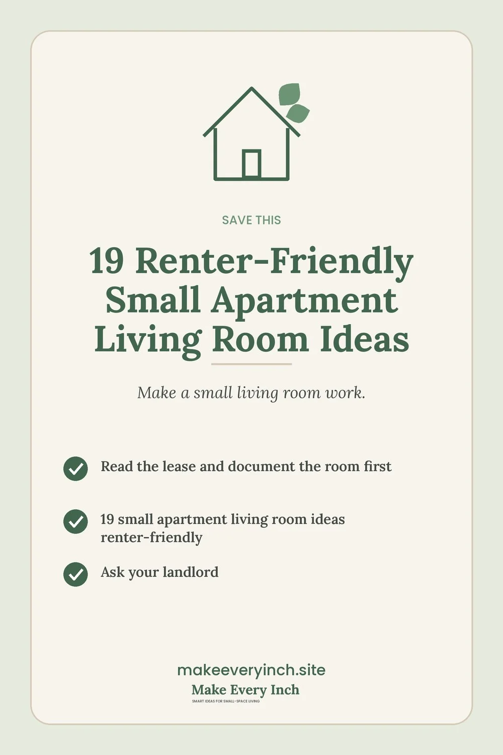 Save-this Pinterest pin with a short checklist for: 19 Renter-Friendly Small Apartment Living Room Ideas