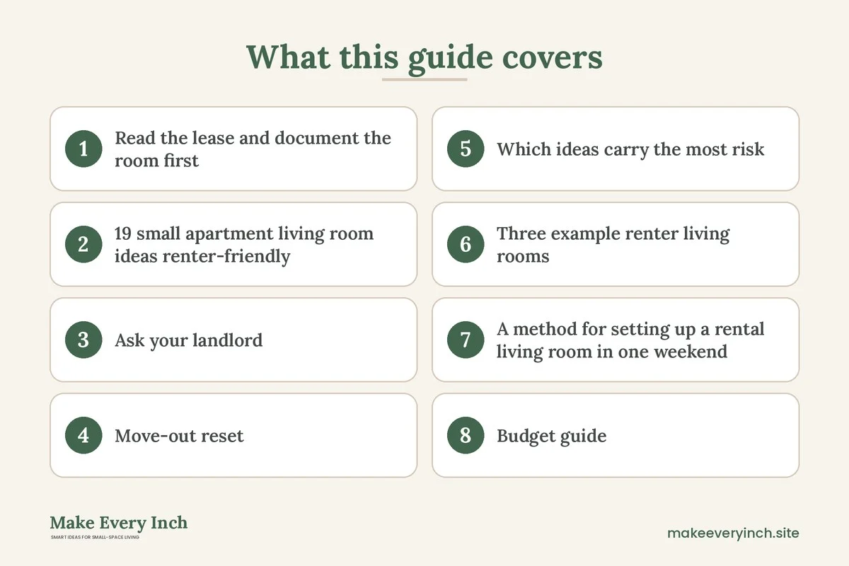 Graphic listing 8 topics covered in: 19 Renter-Friendly Small Apartment Living Room Ideas