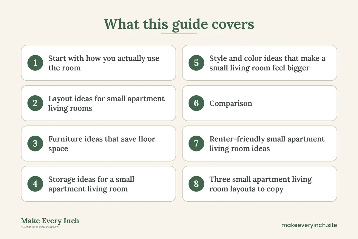 Graphic listing 8 topics covered in: Small Apartment Living Room Ideas