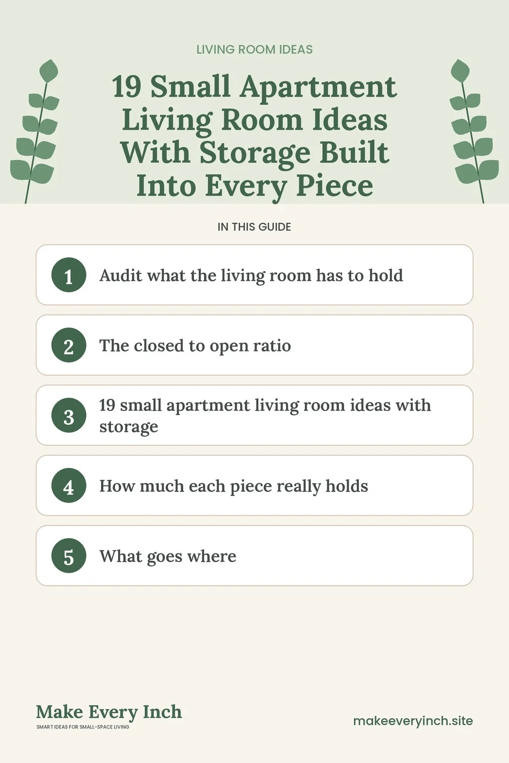 Pinterest pin listing the main topics in: 19 Small Apartment Living Room Ideas With Storage Built Into Every Piece
