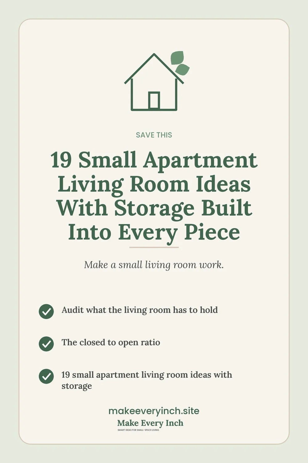 Save-this Pinterest pin with a short checklist for: 19 Small Apartment Living Room Ideas With Storage Built Into Every Piece