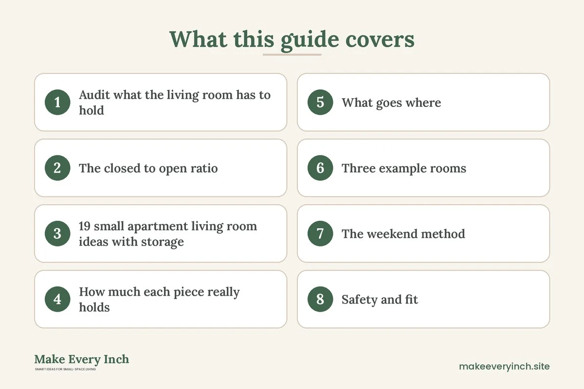 Graphic listing 8 topics covered in: 19 Small Apartment Living Room Ideas With Storage Built Into Every Piece