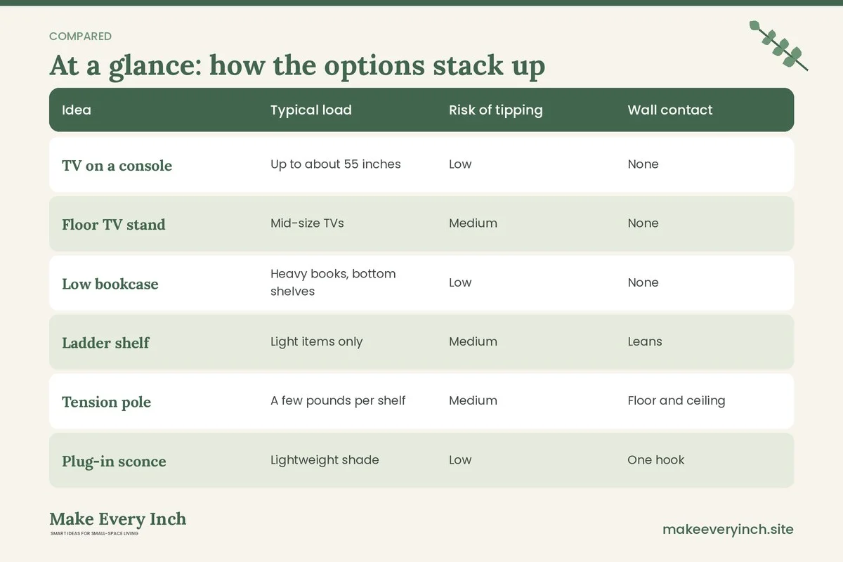 Comparison table of options for: 19 Small Apartment Living Room Ideas Without Drilling Anywhere (Idea, Typical load, Risk of tipping, Wall contact)