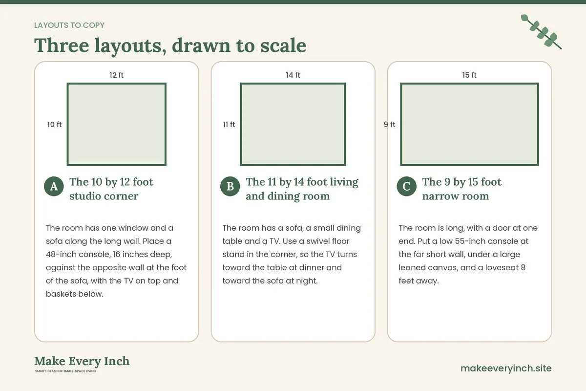 Three room layouts drawn to scale with dimensions and placement notes for: 19 Small Apartment Living Room Ideas Without Drilling Anywhere