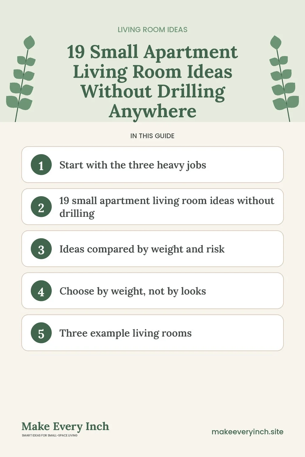 Pinterest pin listing the main topics in: 19 Small Apartment Living Room Ideas Without Drilling Anywhere
