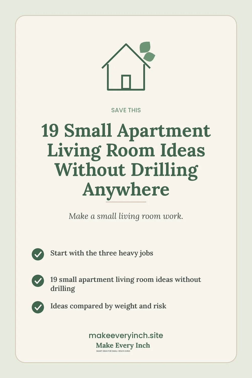Save-this Pinterest pin with a short checklist for: 19 Small Apartment Living Room Ideas Without Drilling Anywhere
