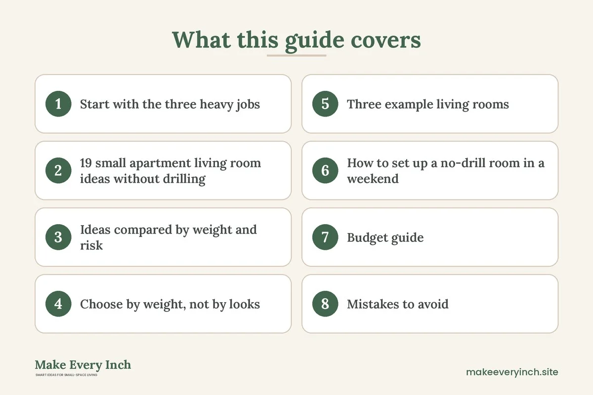Graphic listing 8 topics covered in: 19 Small Apartment Living Room Ideas Without Drilling Anywhere