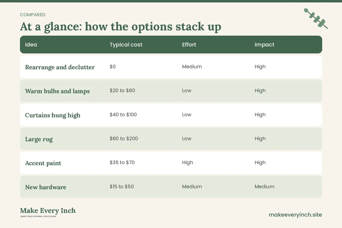 Comparison table of options for: 23 Small Apartment Makeover on a Budget Ideas That Work (Idea, Typical cost, Effort, Impact)