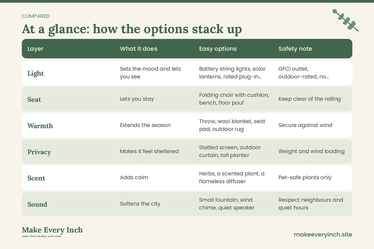 Comparison table of options for: 15 Small Balcony Decor Ideas for Cozy Evenings After Dark (Layer, What it does, Easy options, Safety note)