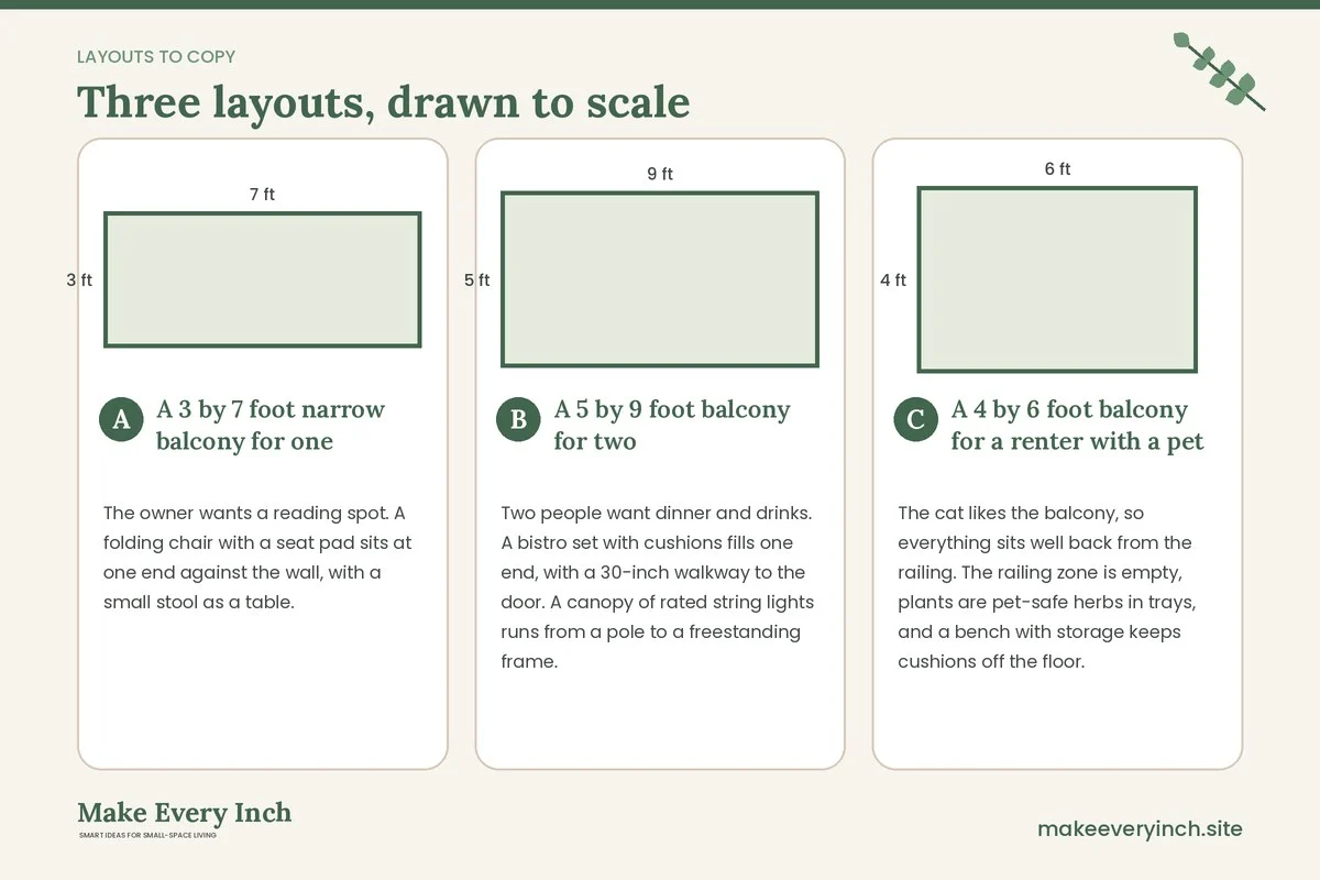 Three room layouts drawn to scale with dimensions and placement notes for: 15 Small Balcony Decor Ideas for Cozy Evenings After Dark