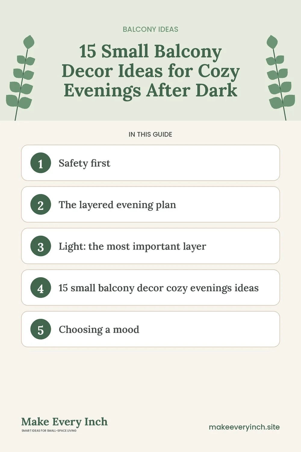 Pinterest pin listing the main topics in: 15 Small Balcony Decor Ideas for Cozy Evenings After Dark