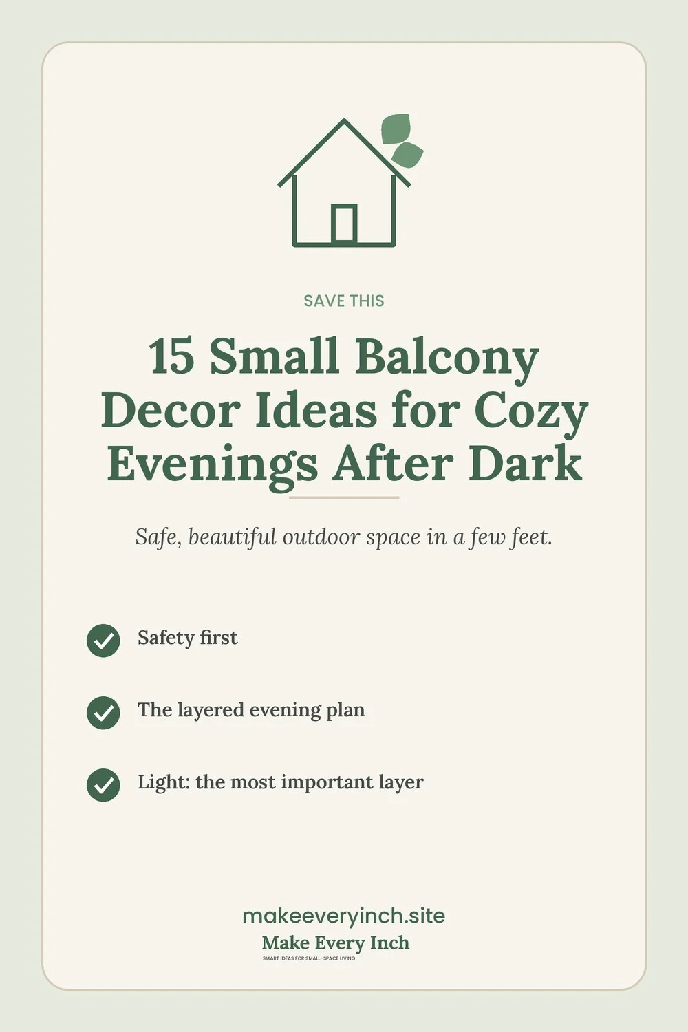 Save-this Pinterest pin with a short checklist for: 15 Small Balcony Decor Ideas for Cozy Evenings After Dark