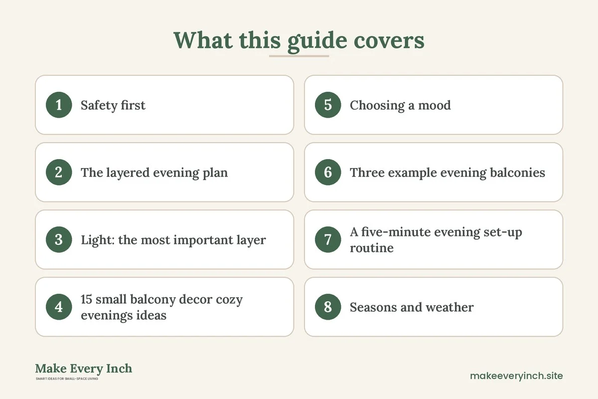Graphic listing 8 topics covered in: 15 Small Balcony Decor Ideas for Cozy Evenings After Dark