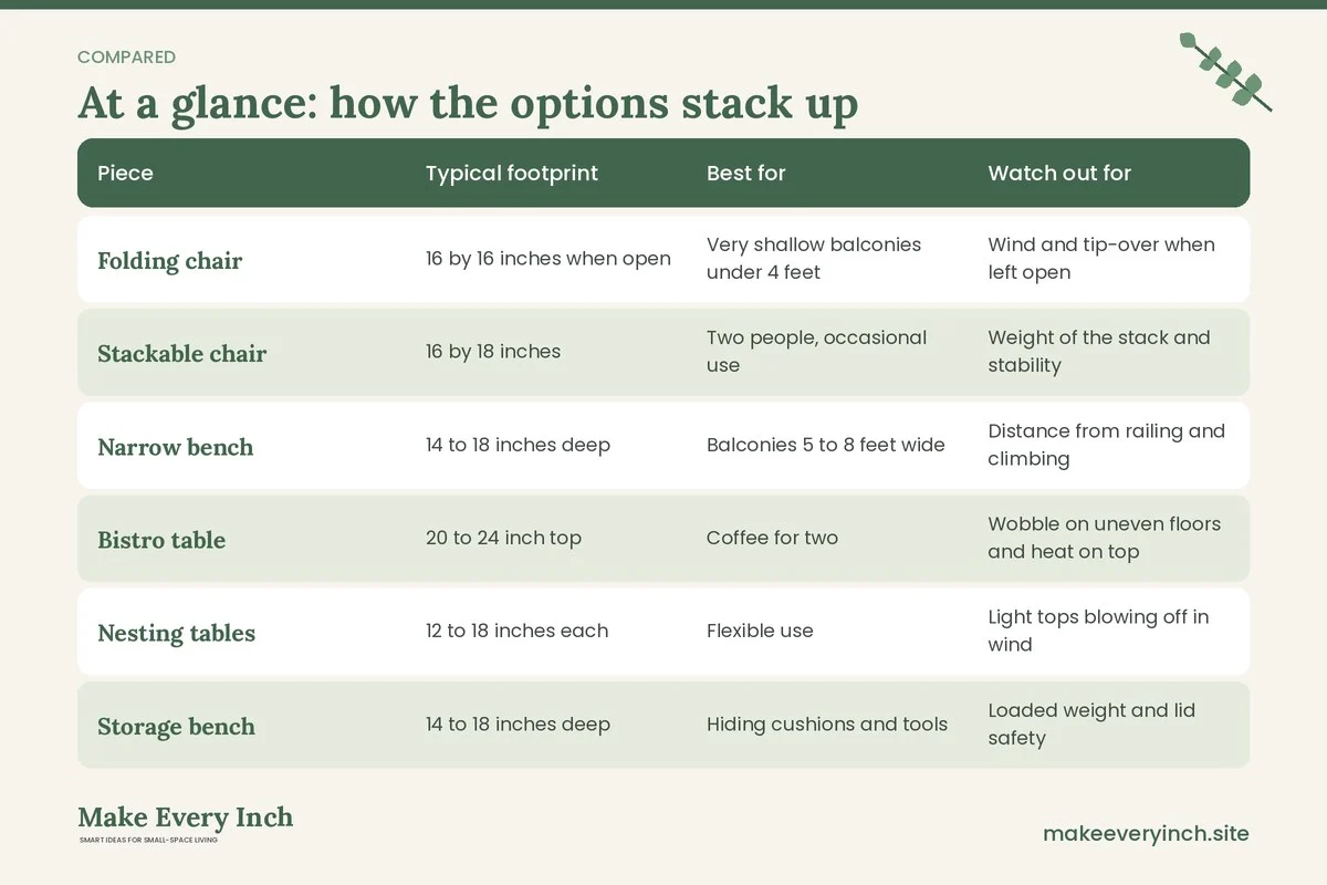 Comparison table of options for: 15 Small Balcony Furniture Ideas for Safe, Comfortable Seating (Piece, Typical footprint, Best for, Watch out for)