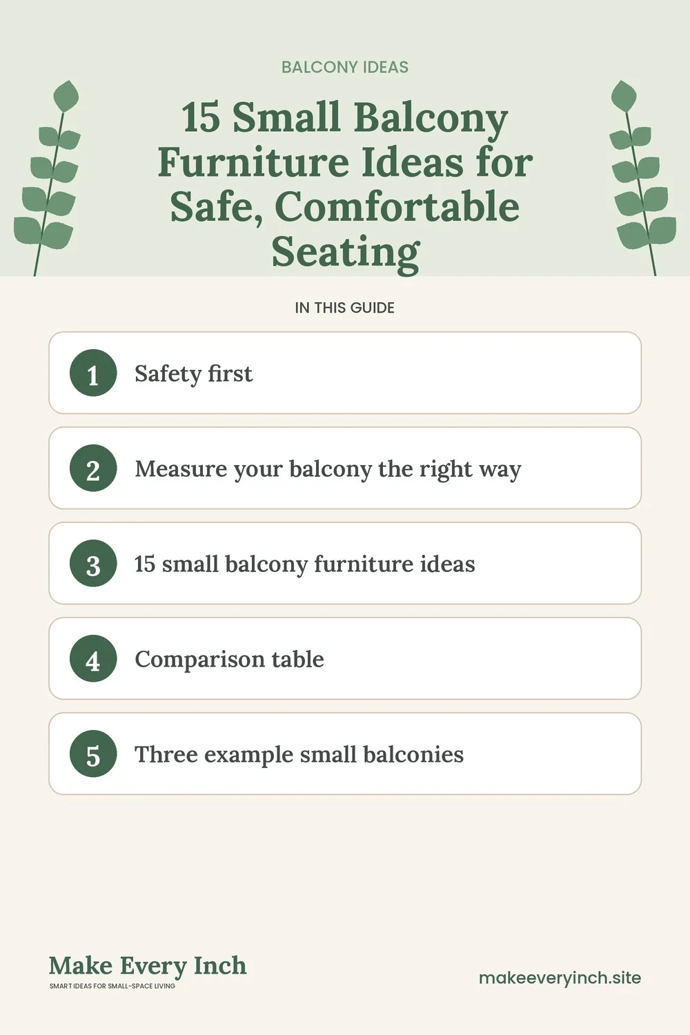Pinterest pin listing the main topics in: 15 Small Balcony Furniture Ideas for Safe, Comfortable Seating