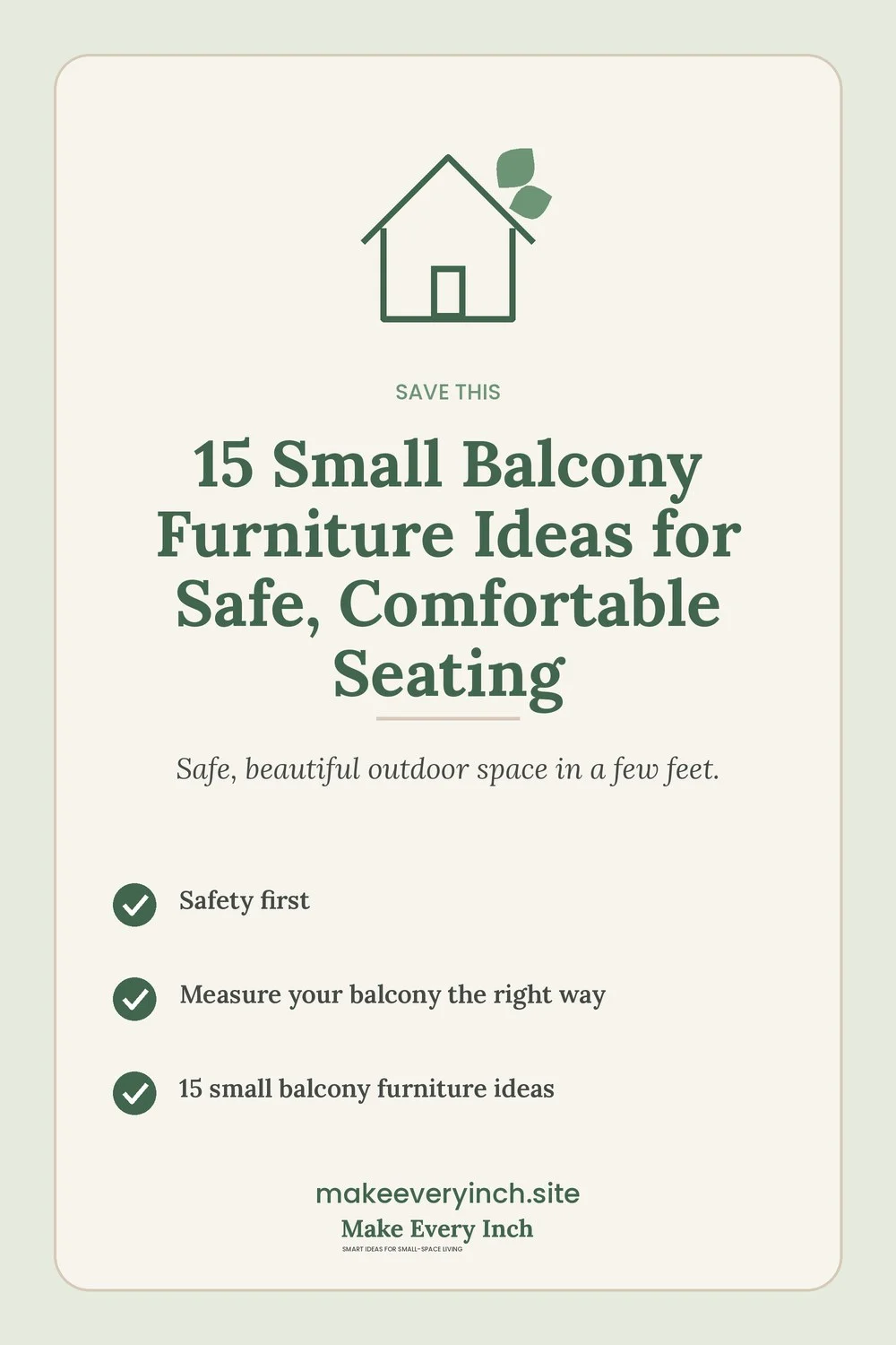 Save-this Pinterest pin with a short checklist for: 15 Small Balcony Furniture Ideas for Safe, Comfortable Seating