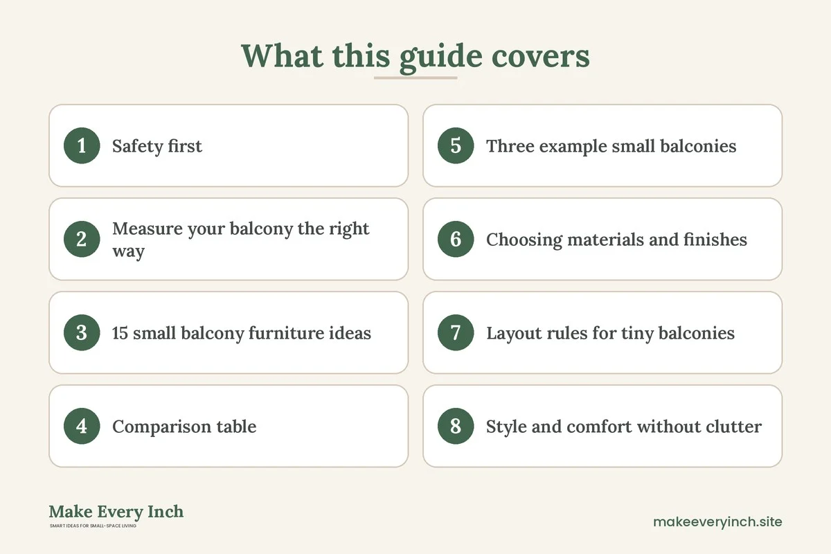 Graphic listing 8 topics covered in: 15 Small Balcony Furniture Ideas for Safe, Comfortable Seating
