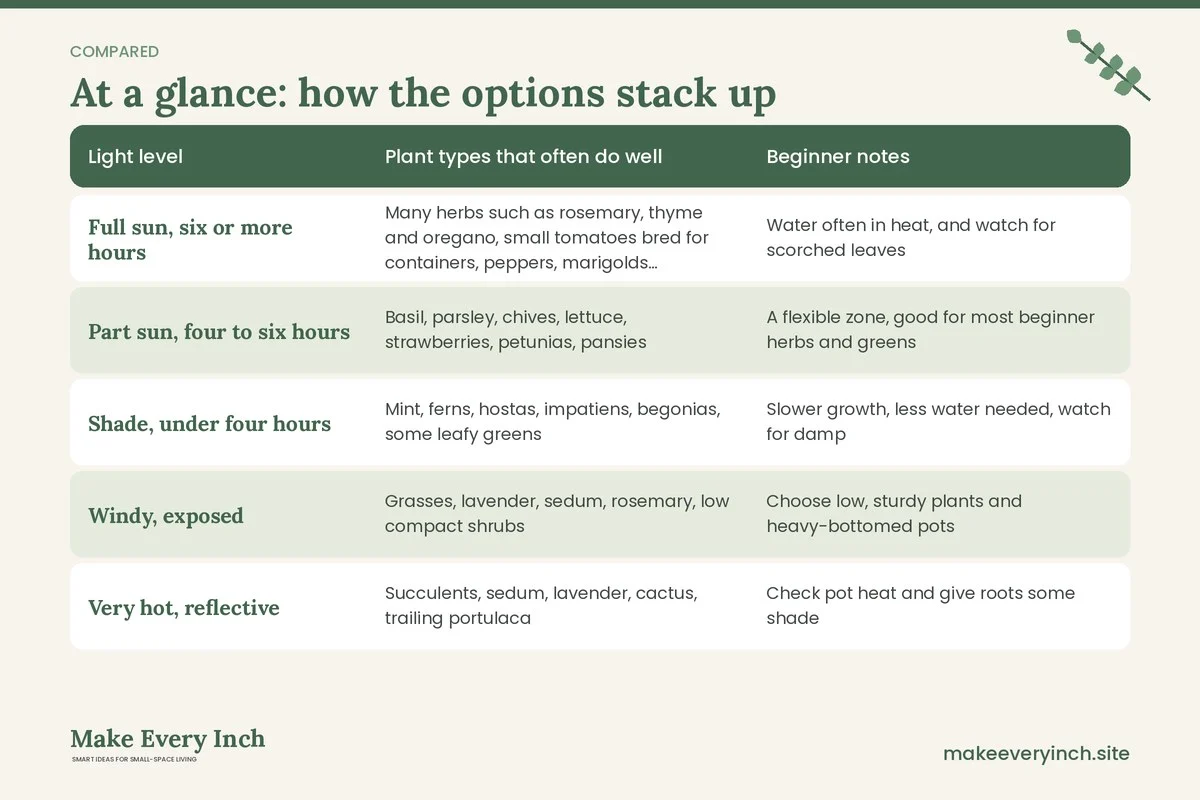 Comparison table of options for: 15 Small Balcony Garden Ideas for Beginners to Start Growing (Light level, Plant types that often do well, Beginner notes)