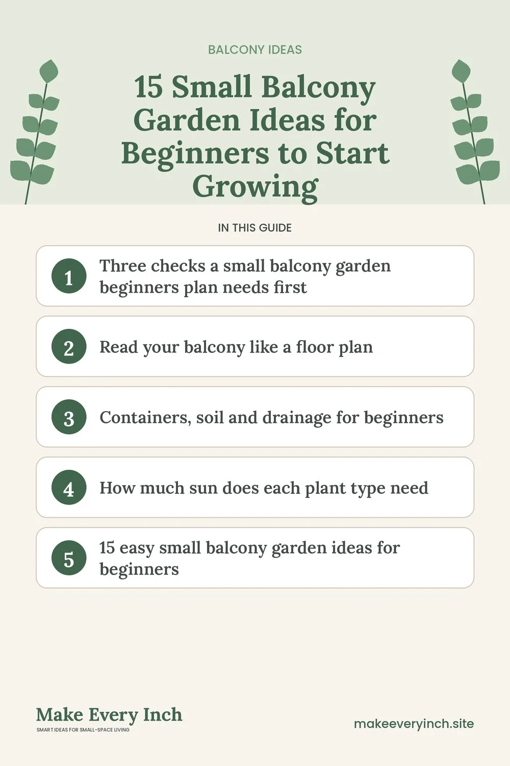 Pinterest pin listing the main topics in: 15 Small Balcony Garden Ideas for Beginners to Start Growing