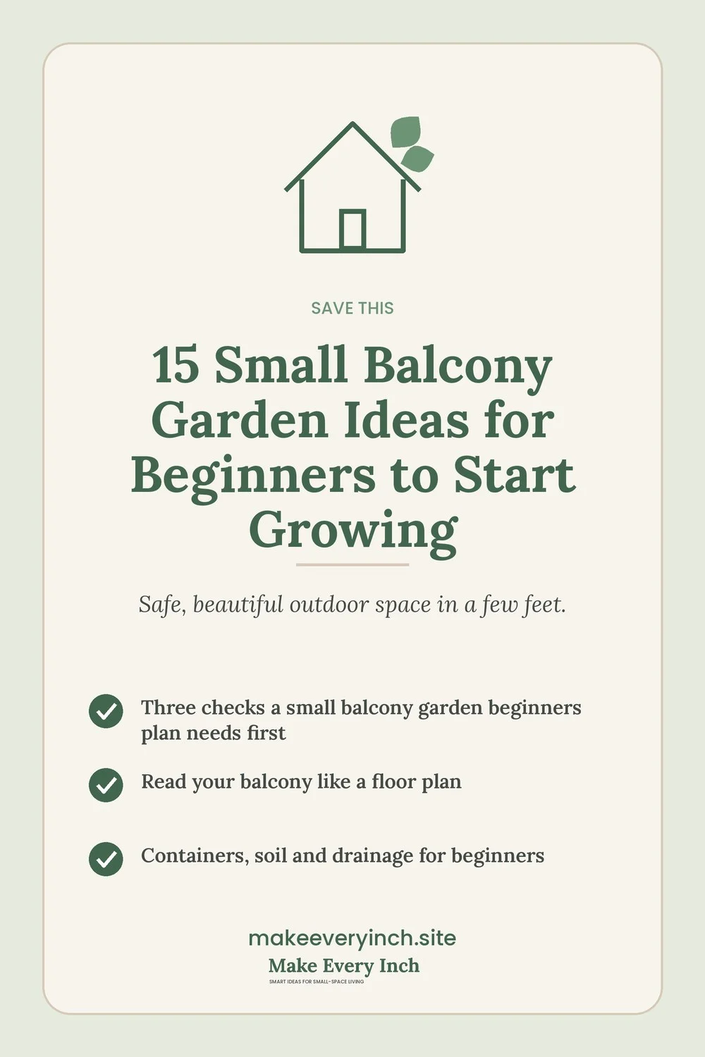 Save-this Pinterest pin with a short checklist for: 15 Small Balcony Garden Ideas for Beginners to Start Growing