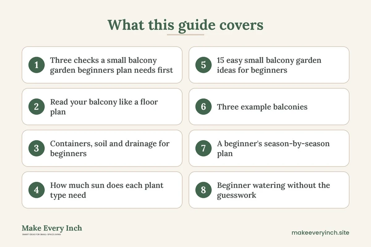Graphic listing 8 topics covered in: 15 Small Balcony Garden Ideas for Beginners to Start Growing