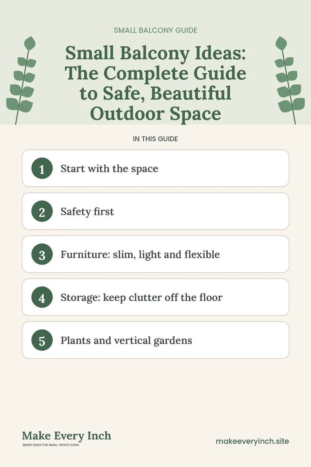 Pinterest pin listing the main topics in the small balcony ideas guide
