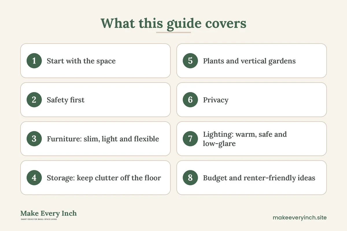 Graphic listing 8 topics covered in the small balcony ideas guide