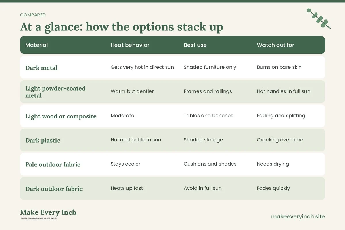Comparison table of options for: 16 Small Balcony Ideas for Hot, Sunny Spaces to Cool and Shade (Material, Heat behavior, Best use, Watch out for)