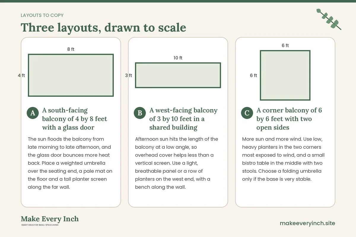 Three room layouts drawn to scale with dimensions and placement notes for: 16 Small Balcony Ideas for Hot, Sunny Spaces to Cool and Shade