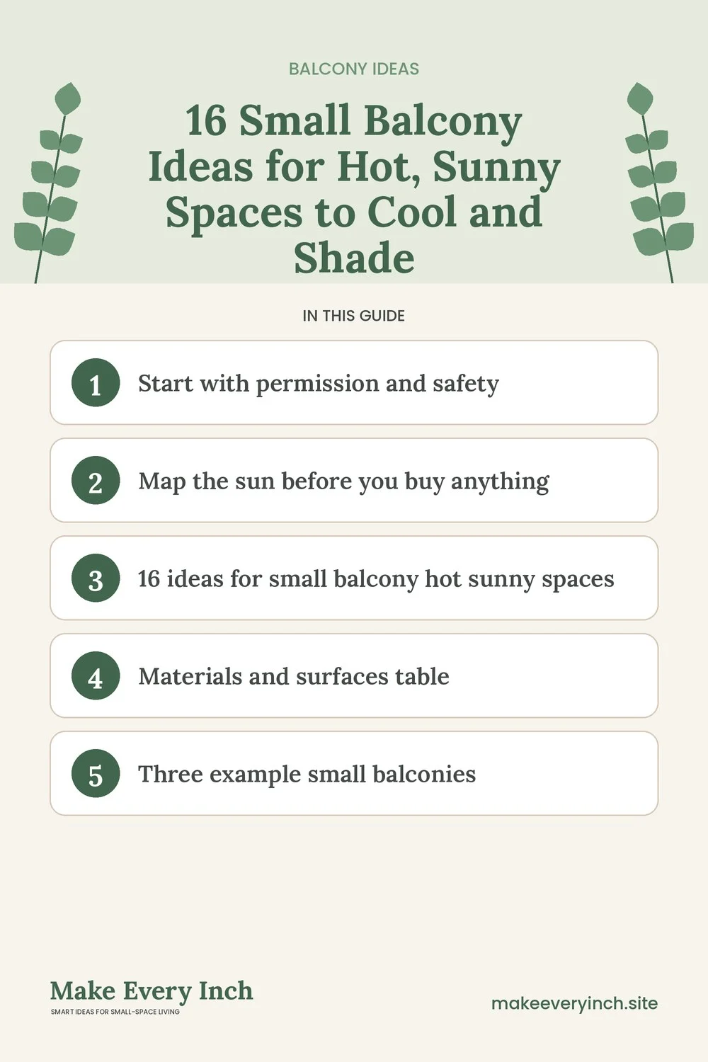 Pinterest pin listing the main topics in: 16 Small Balcony Ideas for Hot, Sunny Spaces to Cool and Shade