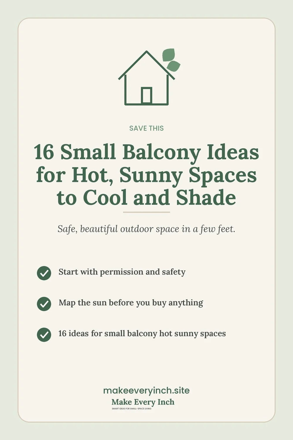 Save-this Pinterest pin with a short checklist for: 16 Small Balcony Ideas for Hot, Sunny Spaces to Cool and Shade