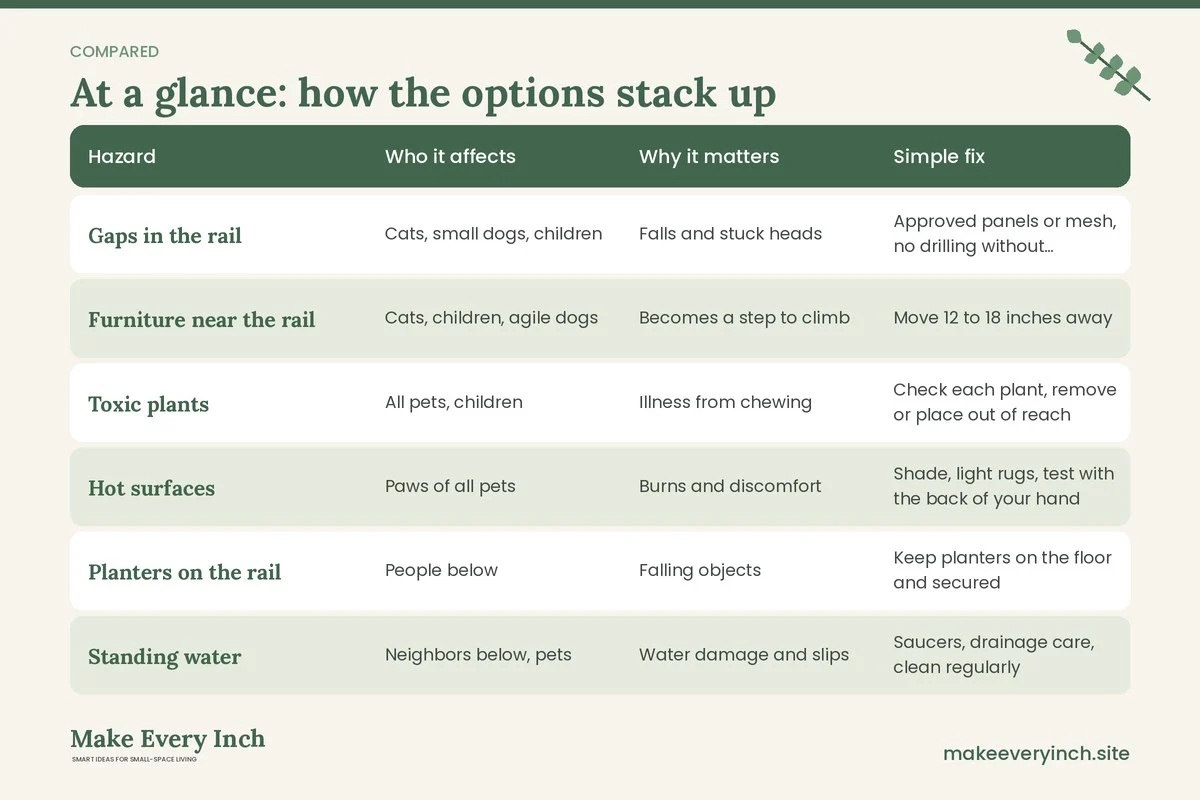 Comparison table of options for: Small Balcony Ideas for Pet Owners (Hazard, Who it affects, Why it matters, Simple fix)
