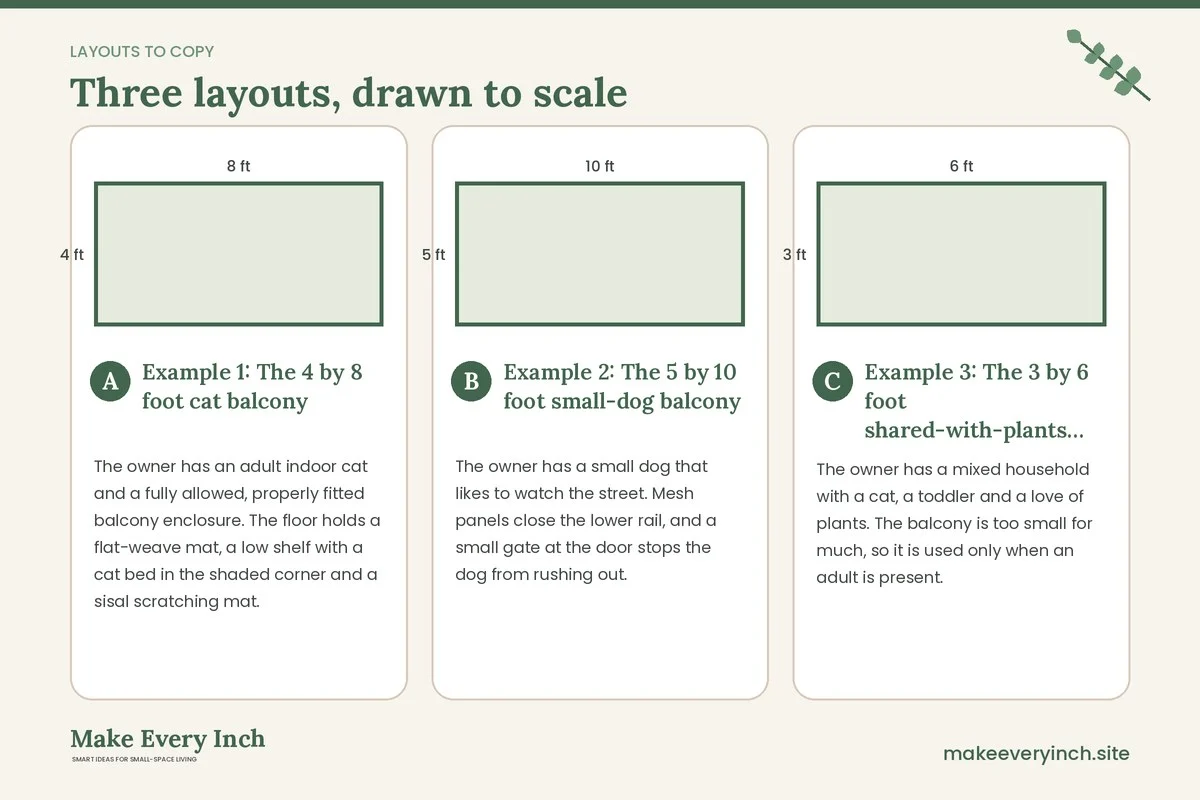 Three room layouts drawn to scale with dimensions and placement notes for: Small Balcony Ideas for Pet Owners