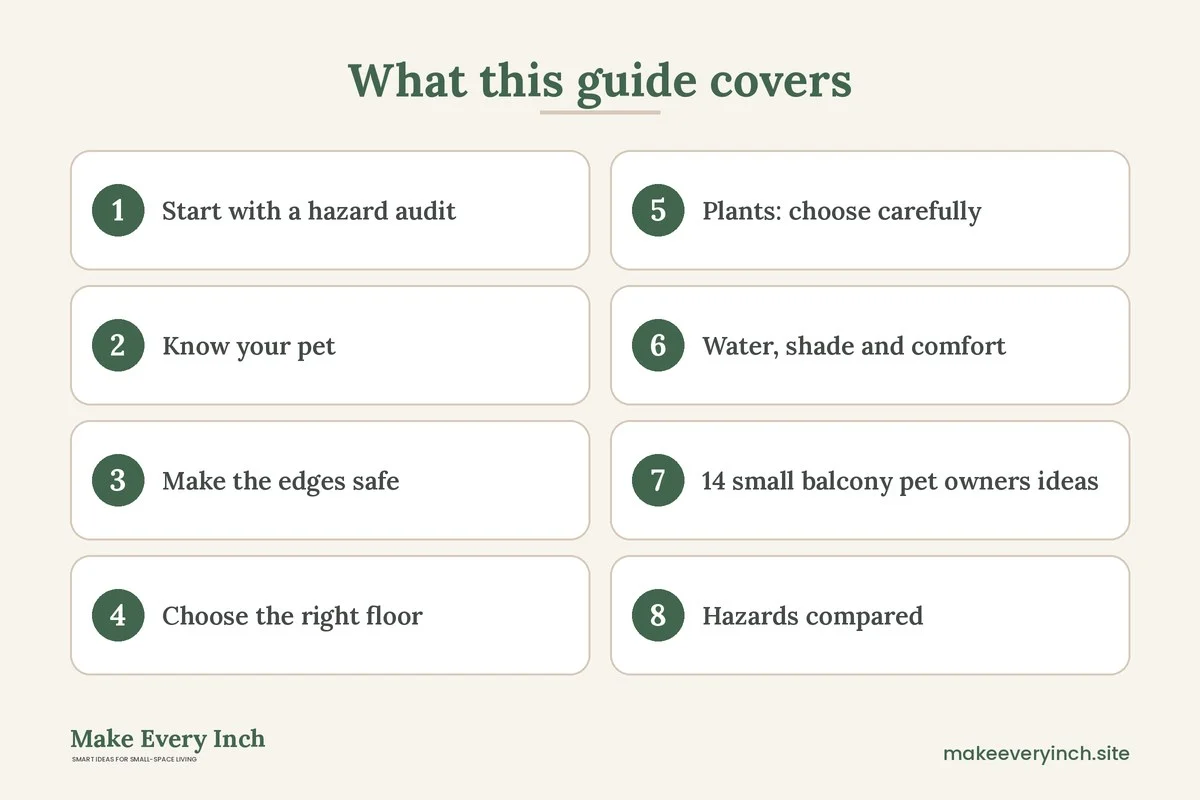 Graphic listing 8 topics covered in: Small Balcony Ideas for Pet Owners