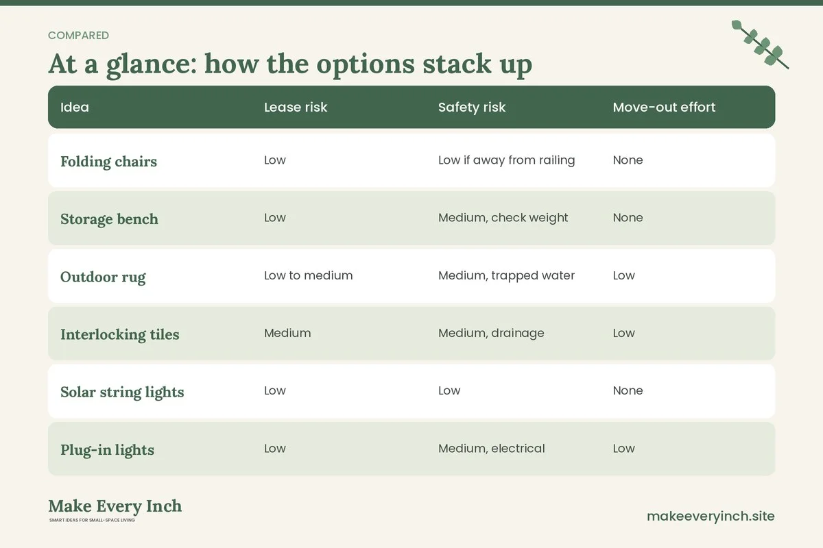 Comparison table of options for: 15 Small Balcony Ideas for Renters That Follow the Lease (Idea, Lease risk, Safety risk, Move-out effort)