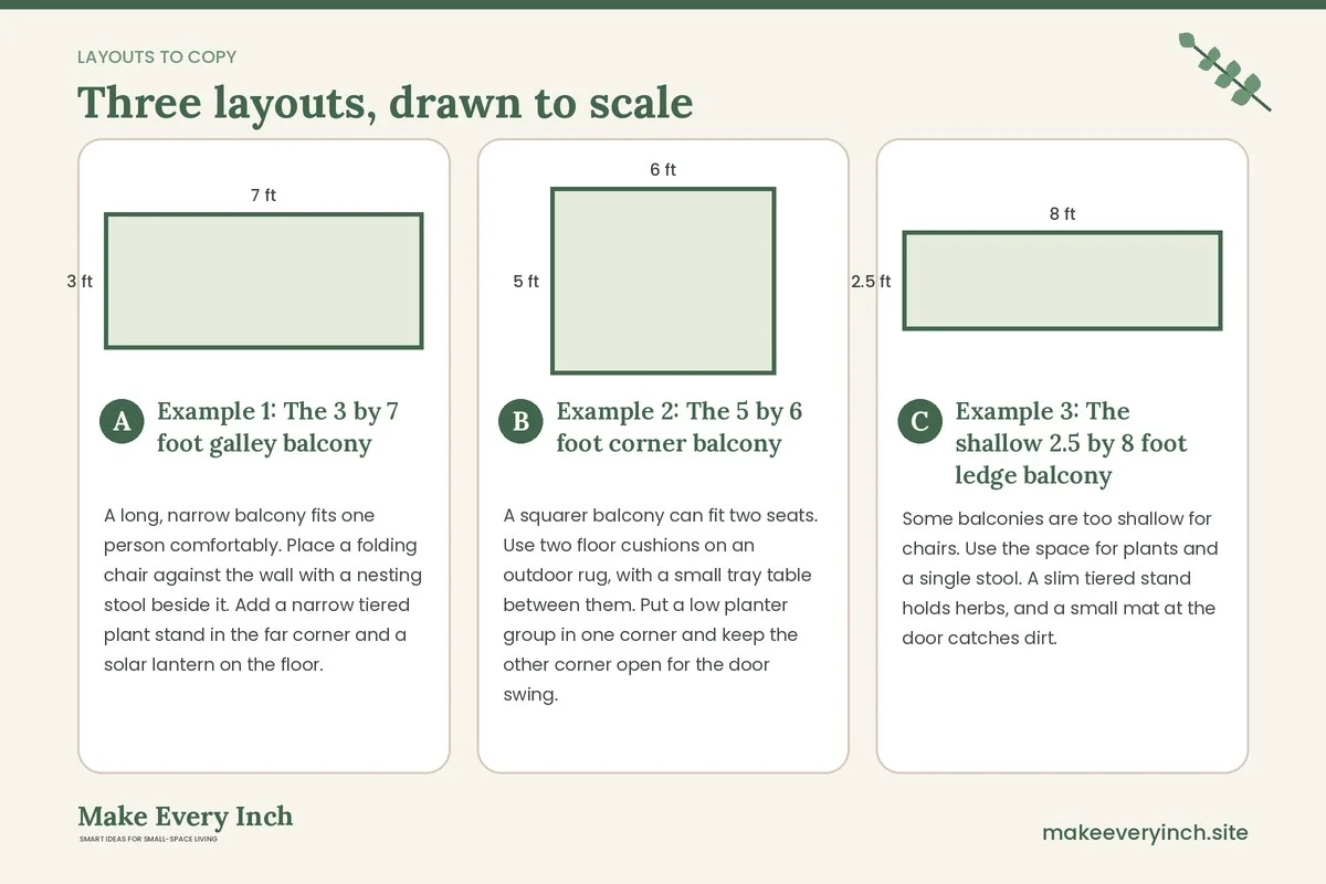 Three room layouts drawn to scale with dimensions and placement notes for: 15 Small Balcony Ideas for Renters That Follow the Lease